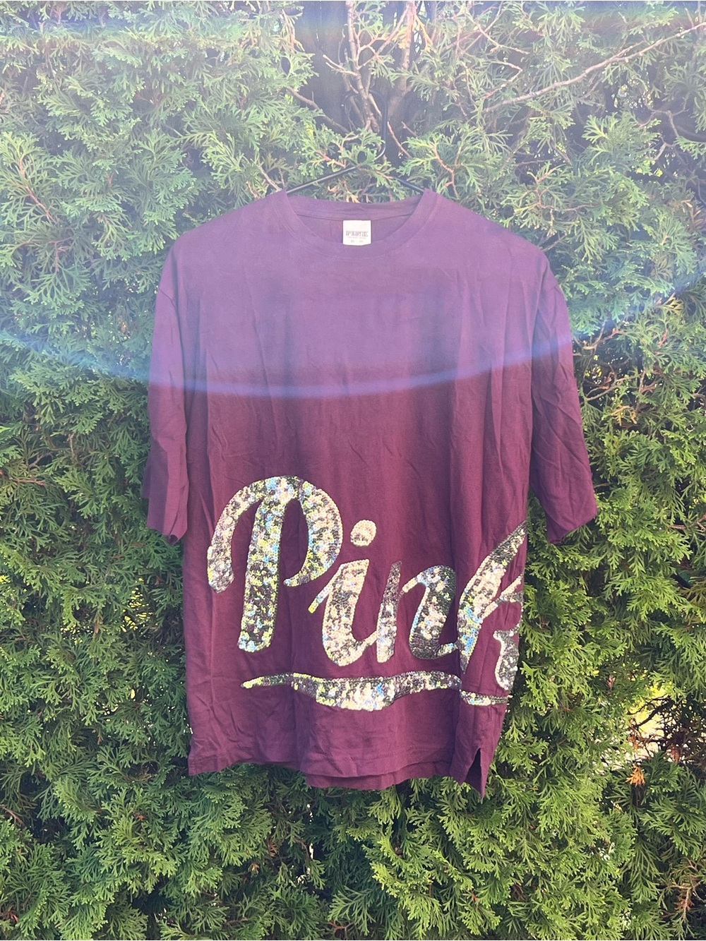 PINK Victoria's Secret Burgundy Short Sleeve Tee with Sequin Logo